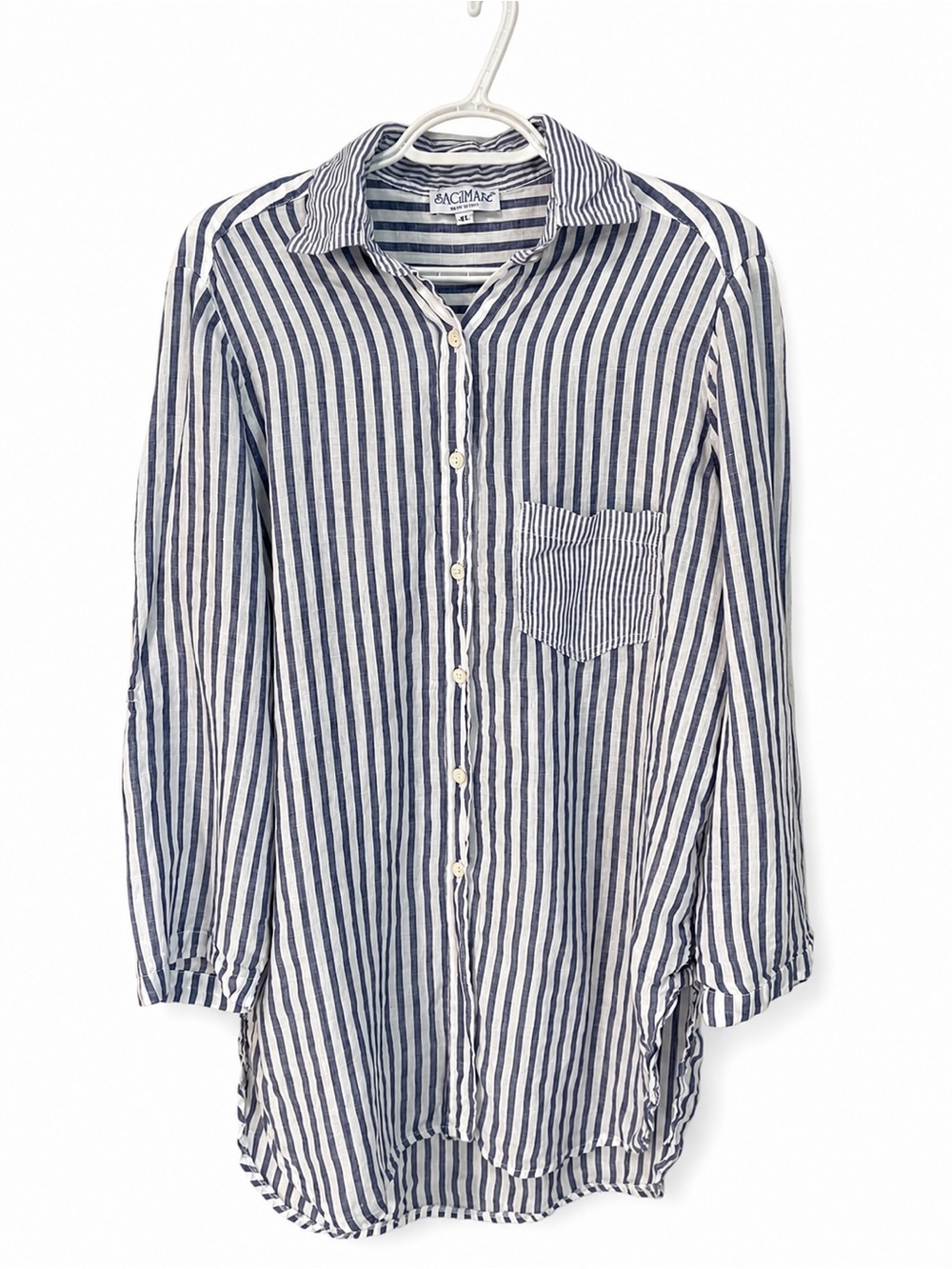 Sagimar 100% linen women’s Navy & White Striped Button-Up tunic size XL